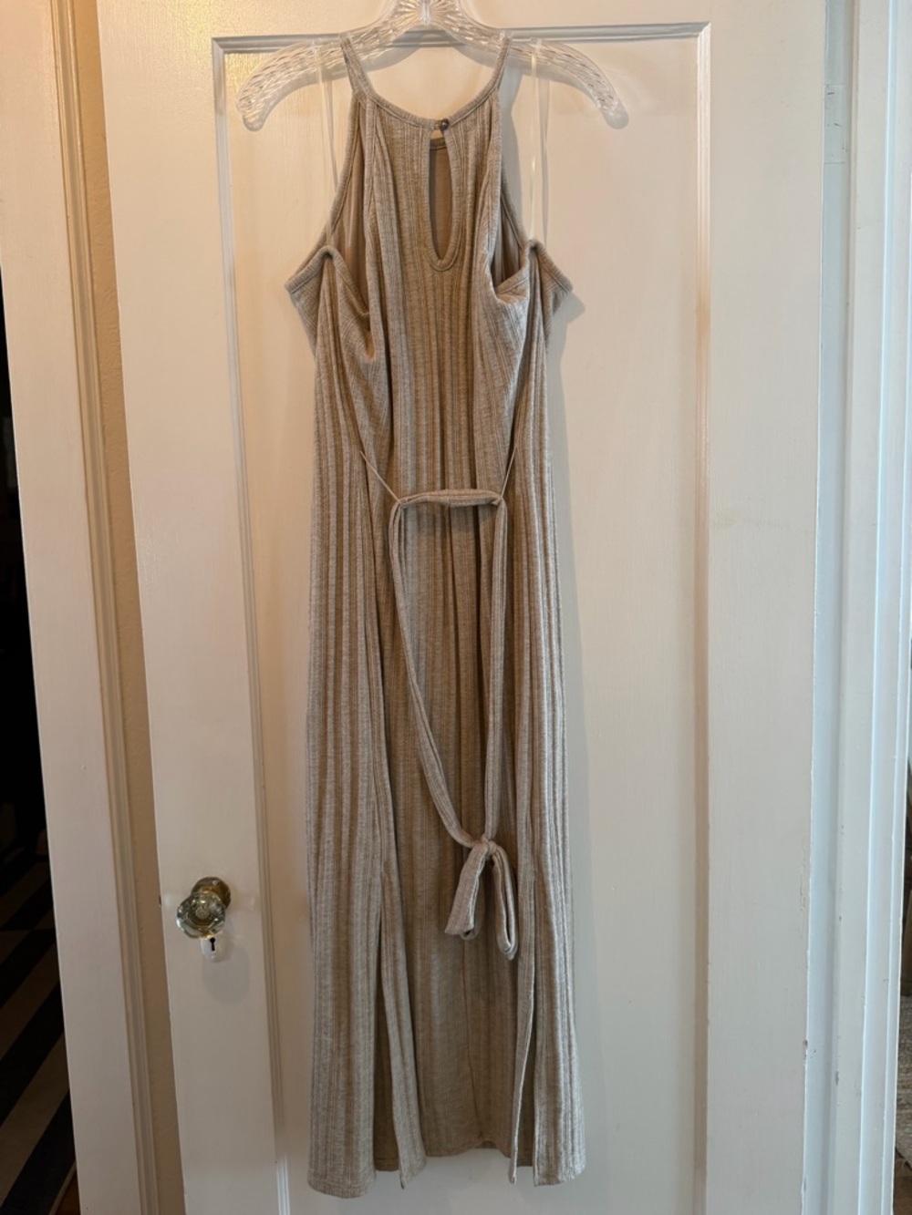 Ribbed Knit Halter Maxi Dress in Beige - Picture 2 of 4